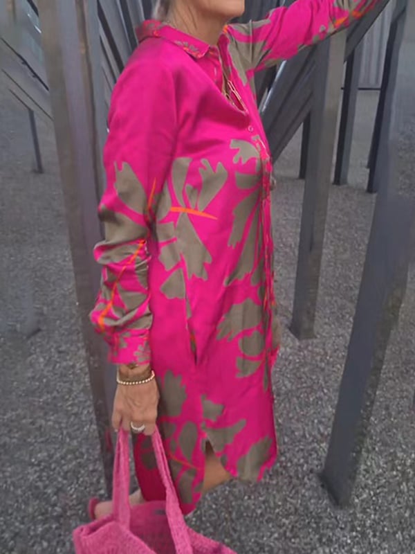 High Waisted High-Low Buttoned Pockets Printed Split-Joint Lapel Midi Dresses Shirt Dress
