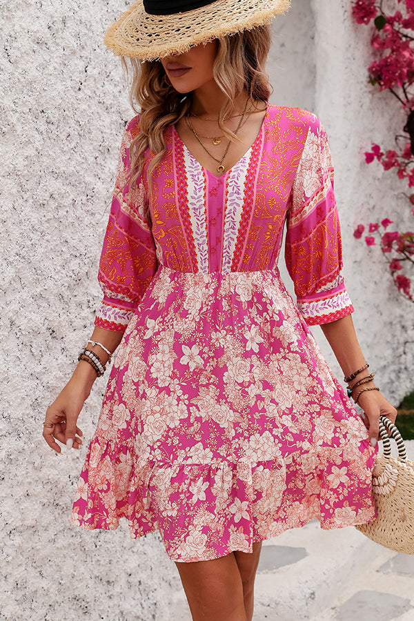 Bohemia Print V Neck Casual Mini Dress