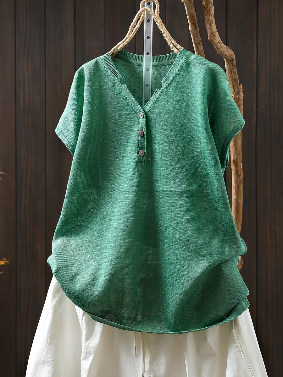 Women Summer Casual Pure Color Knitted V-Neck Shirt