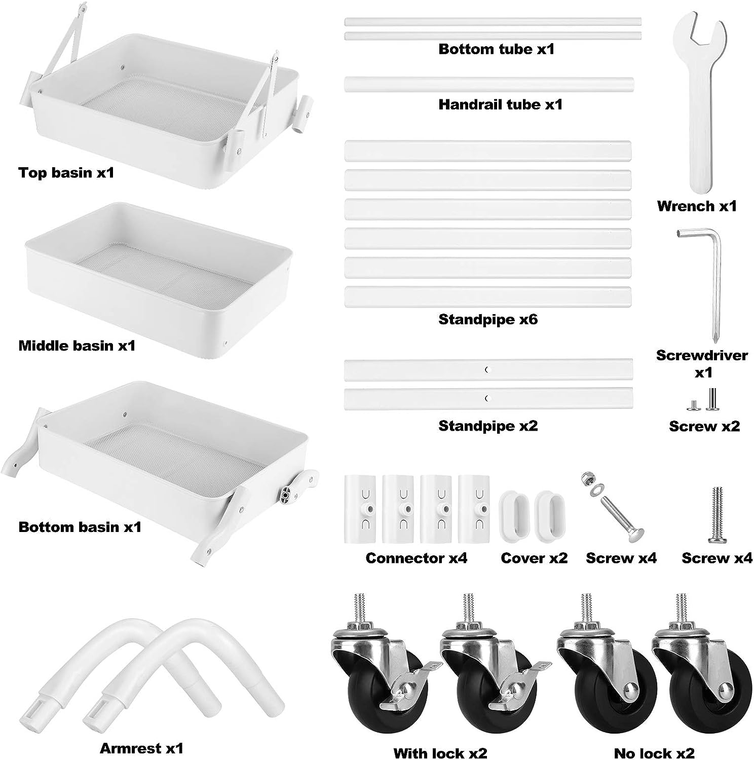 Foldable 3 Tier Metal Utility Rolling Cart. Folding Mobile Multi-Function Storage Trolley Organizer Cart (White)