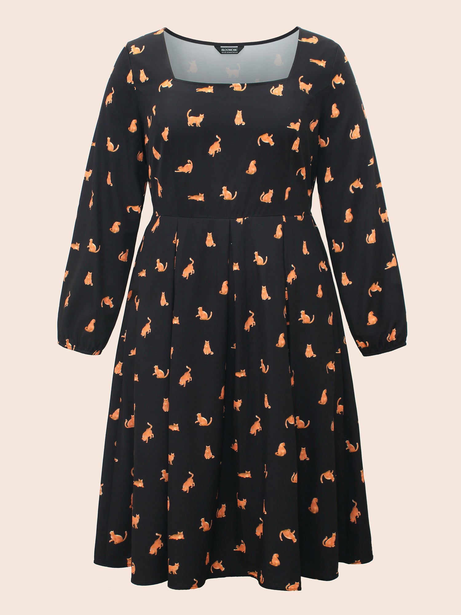 Square Neck Cat Print Pleated Dress