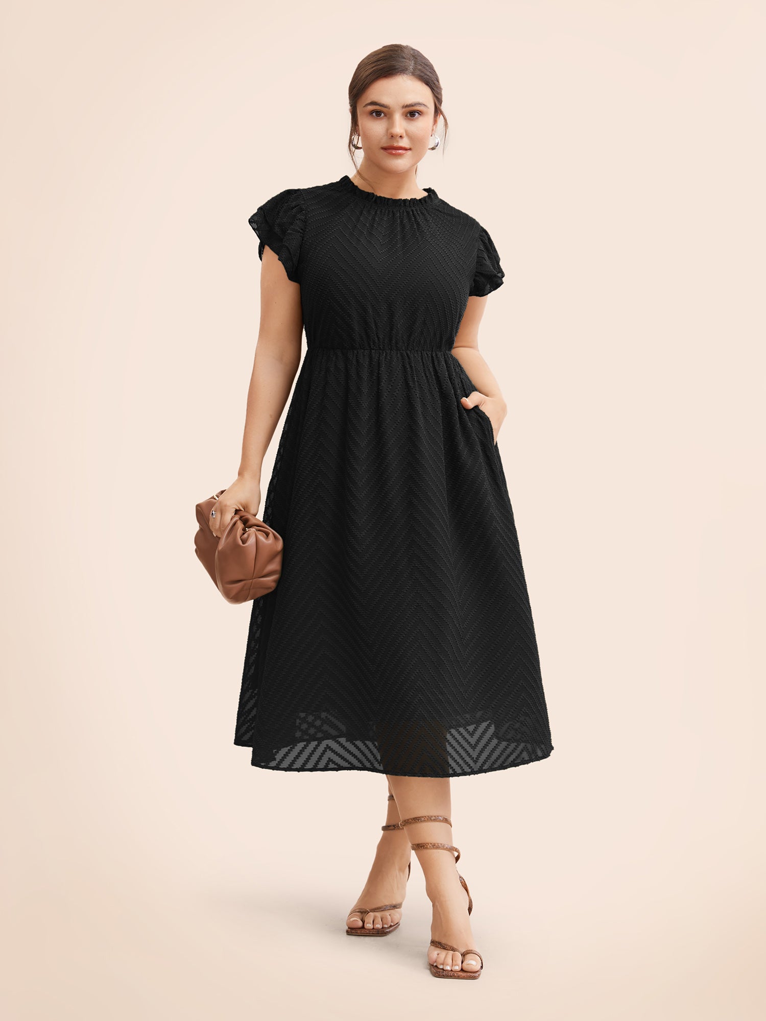 Plain Geometric Layered Sleeve Pocket Ruffle Mock Neck Dress