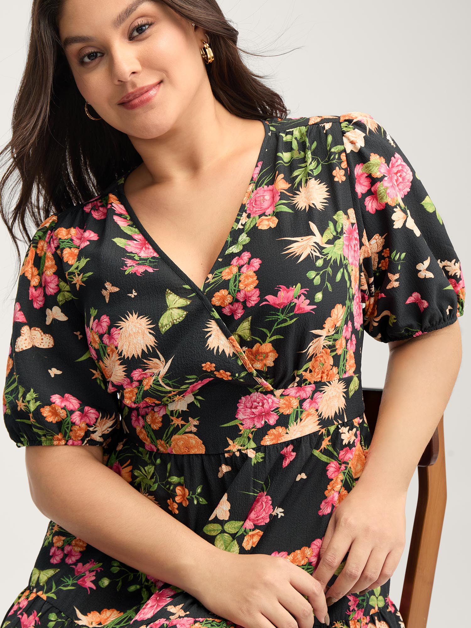 Sweet Floral Print Puff Sleeve Midi Dress