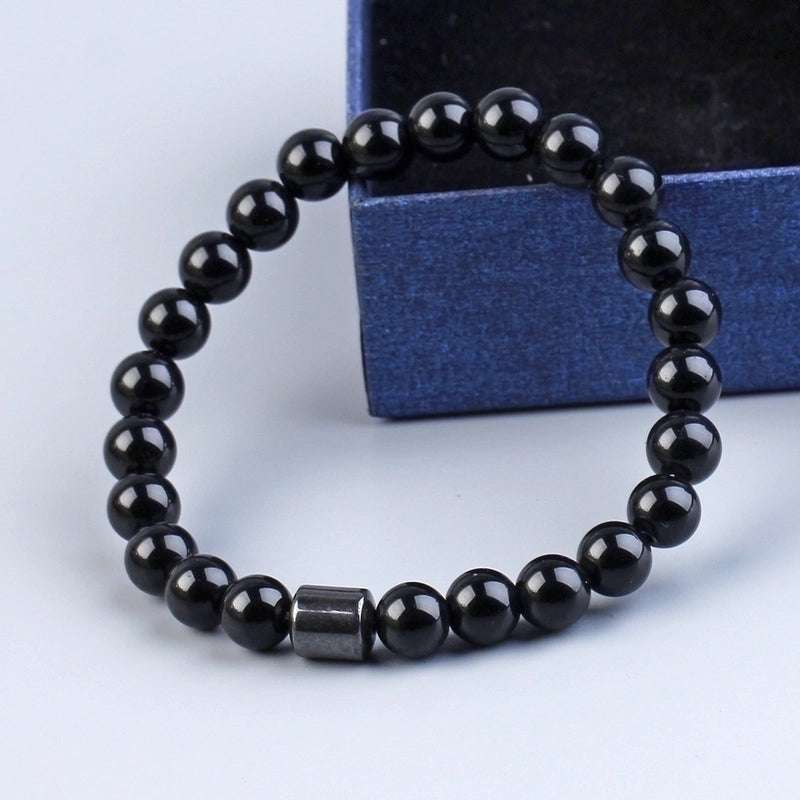 Fashion Geometric Natural Stone Elastic String Magnetic Black Gall Stone Woven Chain Bracelets In Bulk