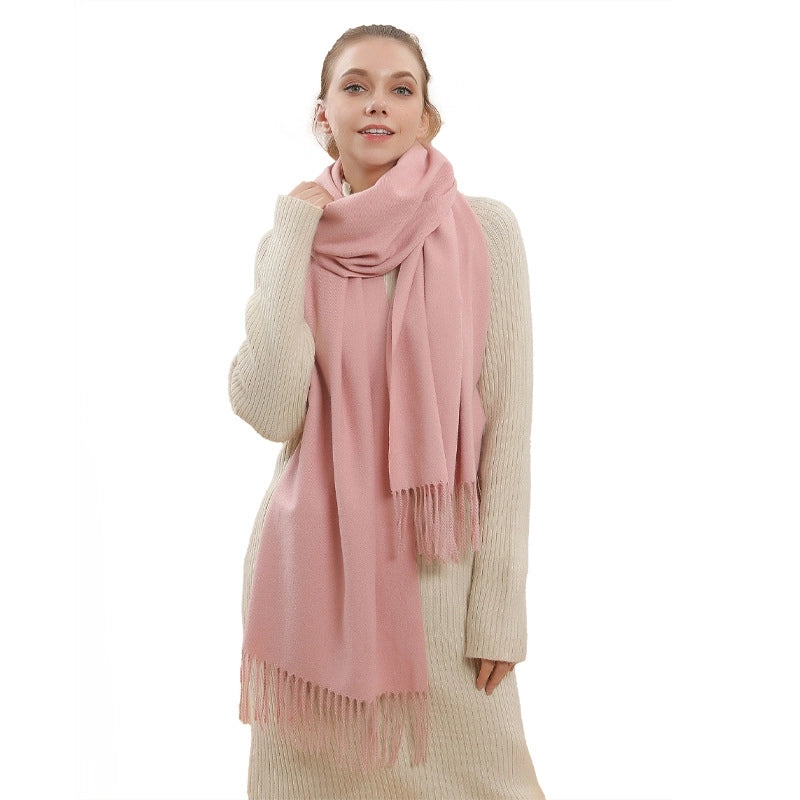 Solid Color Tassel Scarf Women's Winter  Autumn And Winter Thickened Long Imitation Cashmere Warm Shawl Simple Elegant