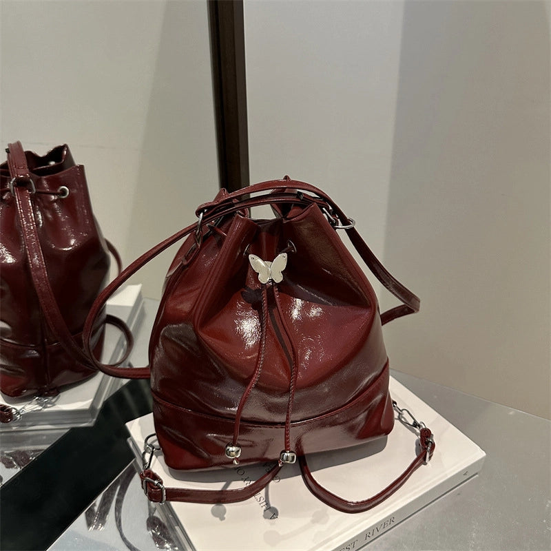 Women's Pu Leather Butterfly Classic Style Sewing Thread Bucket String Shoulder Bag Drawstring Backpack Crossbody Bag