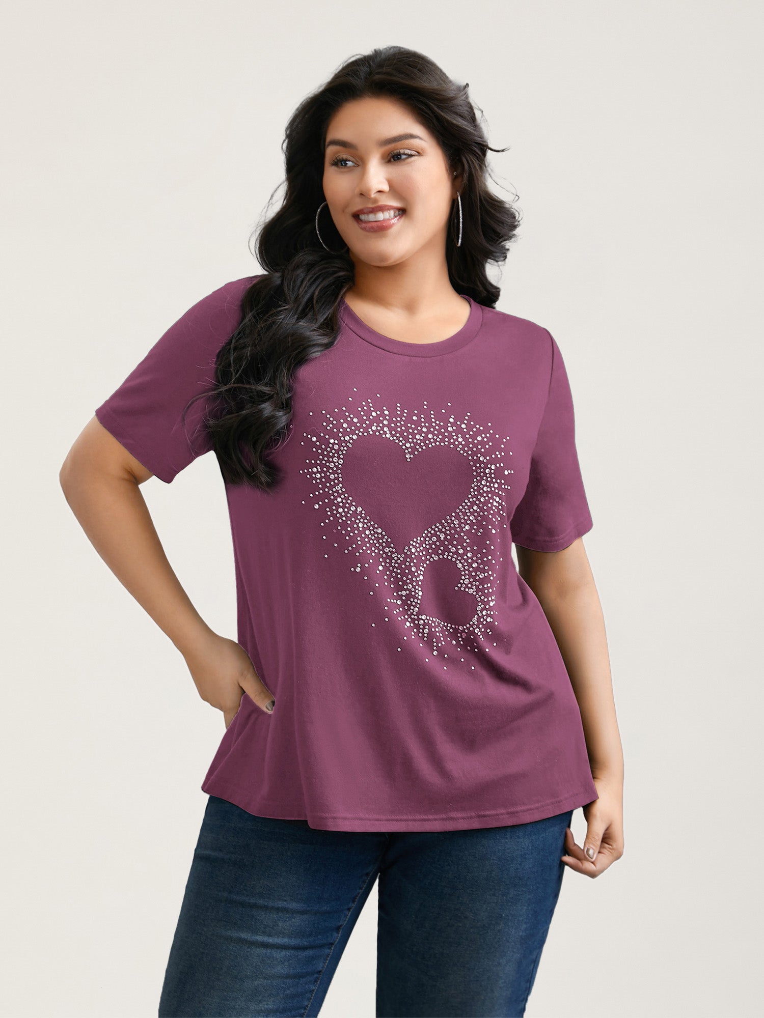 Crew Neck Rhinestone Heart T-Shirt