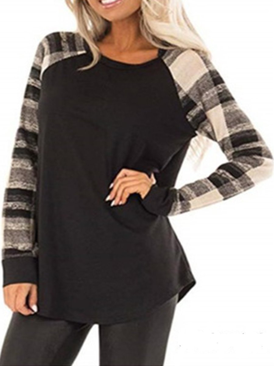 Round Neck Patchwork Stripes Long Sleeve T-Shirts