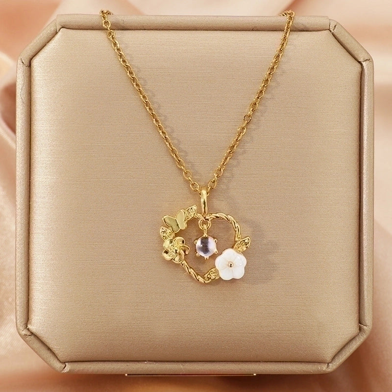 3 Pieces Lady Heart Shape Flower Titanium Steel Plating Inlay Zircon Gold Plated Pendant Necklace