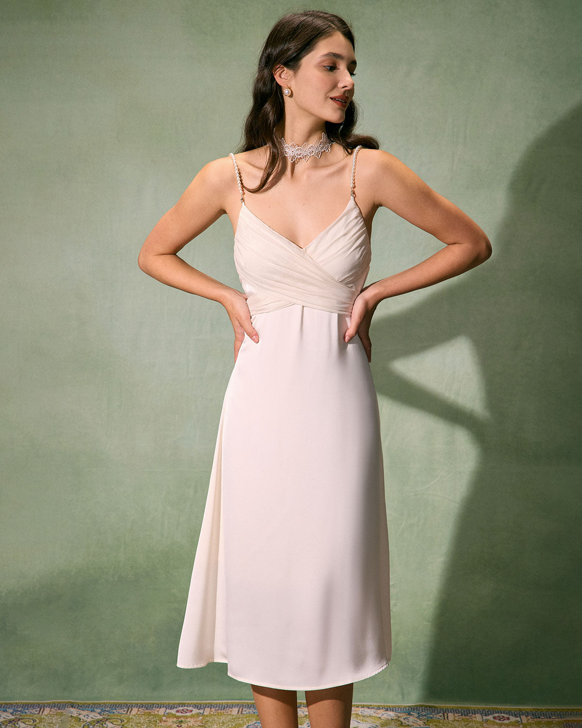 The Apricot V Neck Pearl Strap Satin Midi Dress