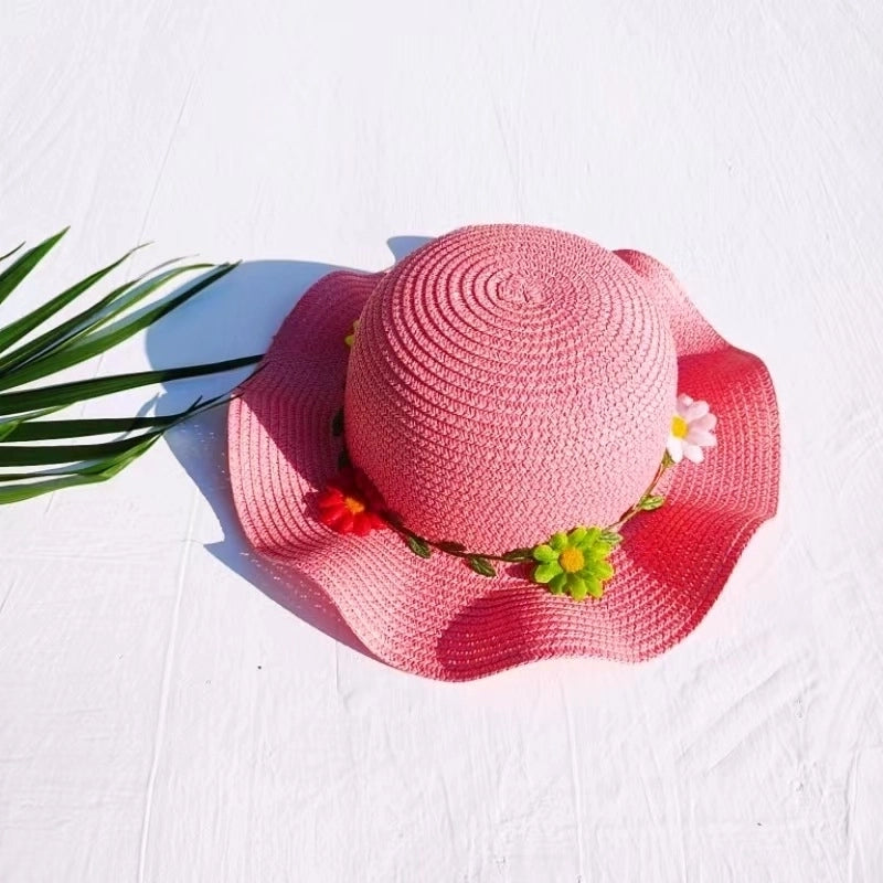 Girl'S Sweet Minimalist Flower Jacquard Straw Hat