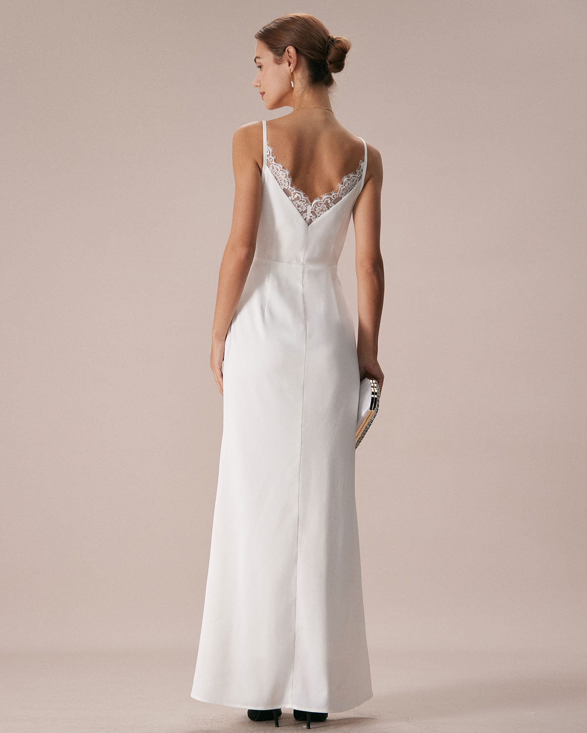 The White V Neck Lace Trim Slip Maxi Dress