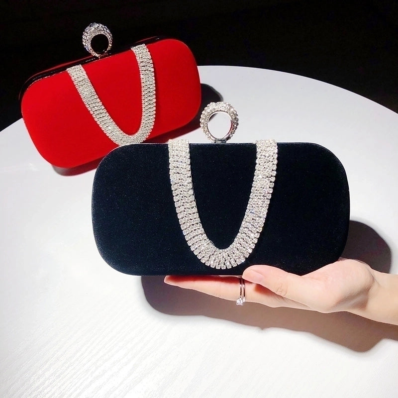 Red Khaki Dark Blue Velvet Solid Color Rhinestone Pillow Shape Clutch Evening Bag