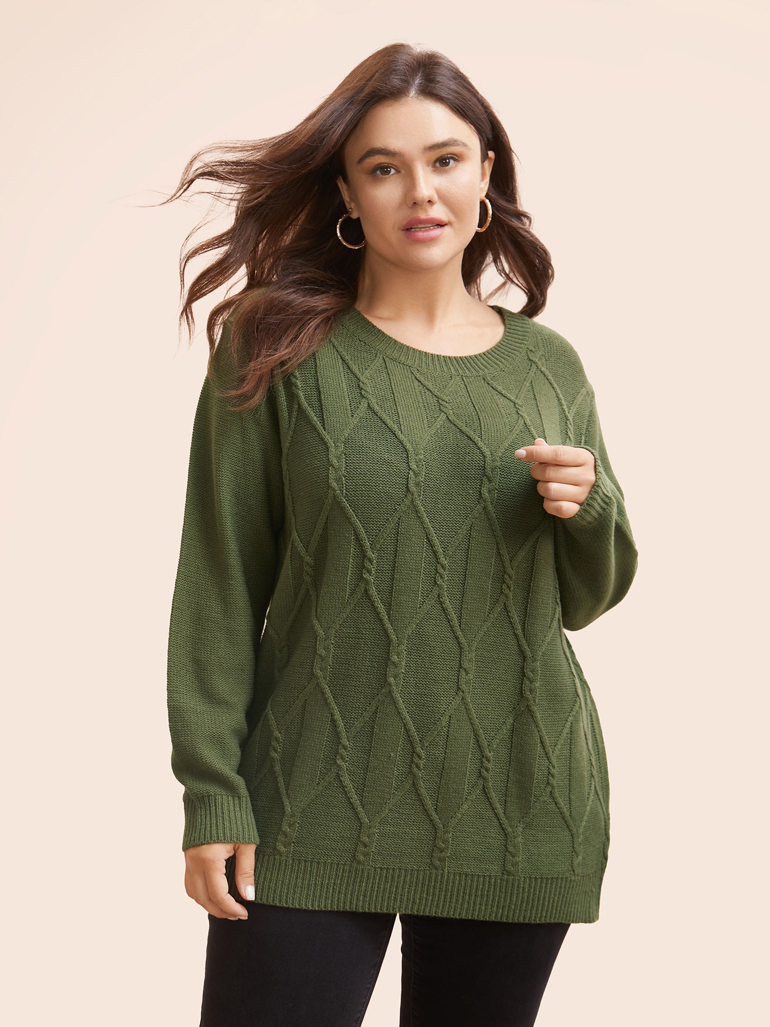 Plain Cable Knit Round Neck Pullover