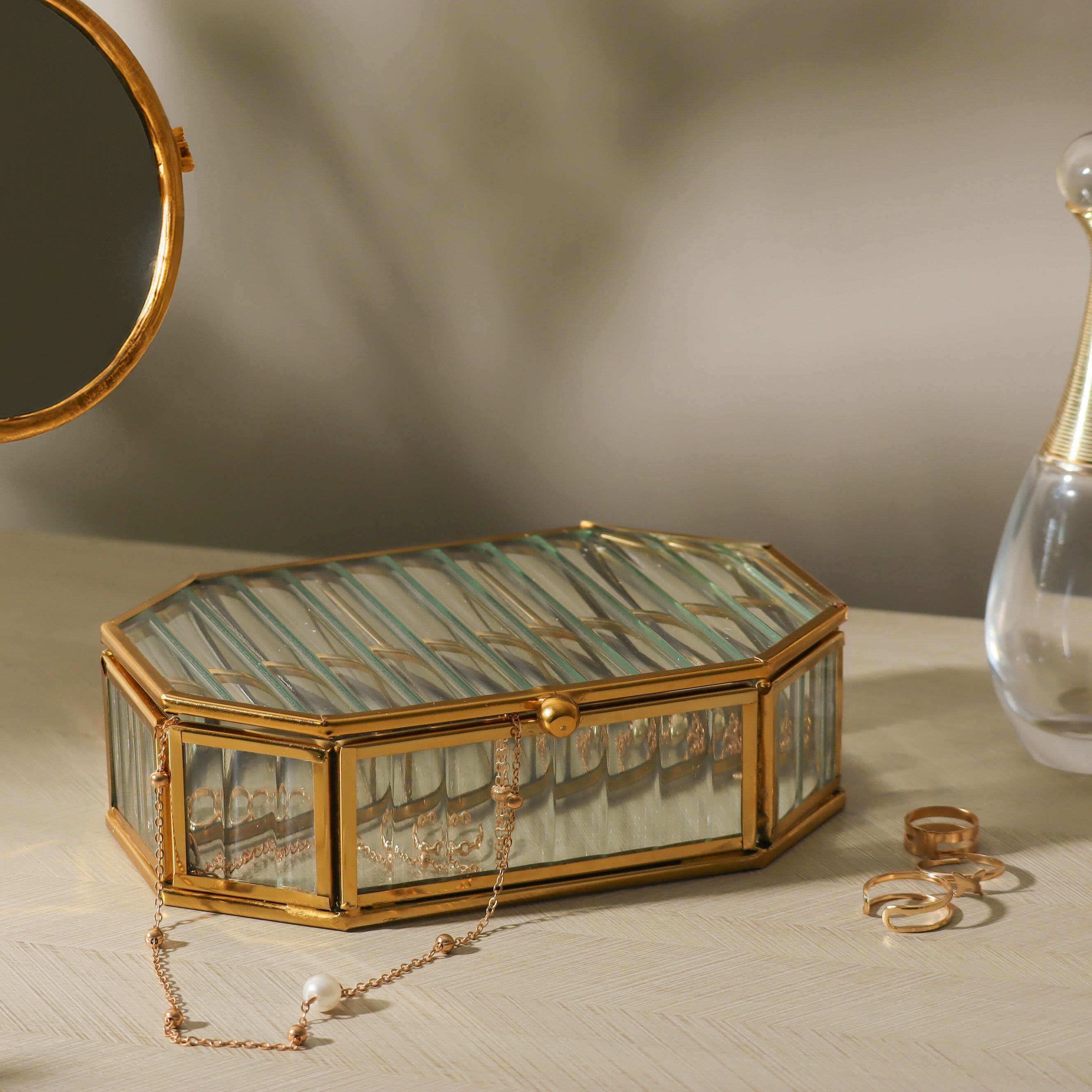 Octagonal Fluted Glass Jewellery Box - Gold