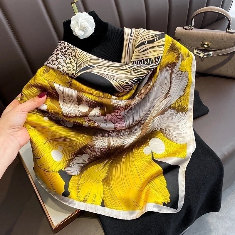 Classic Blue Orange Big Flower Simulation Silk Scarf Large Square Shawl