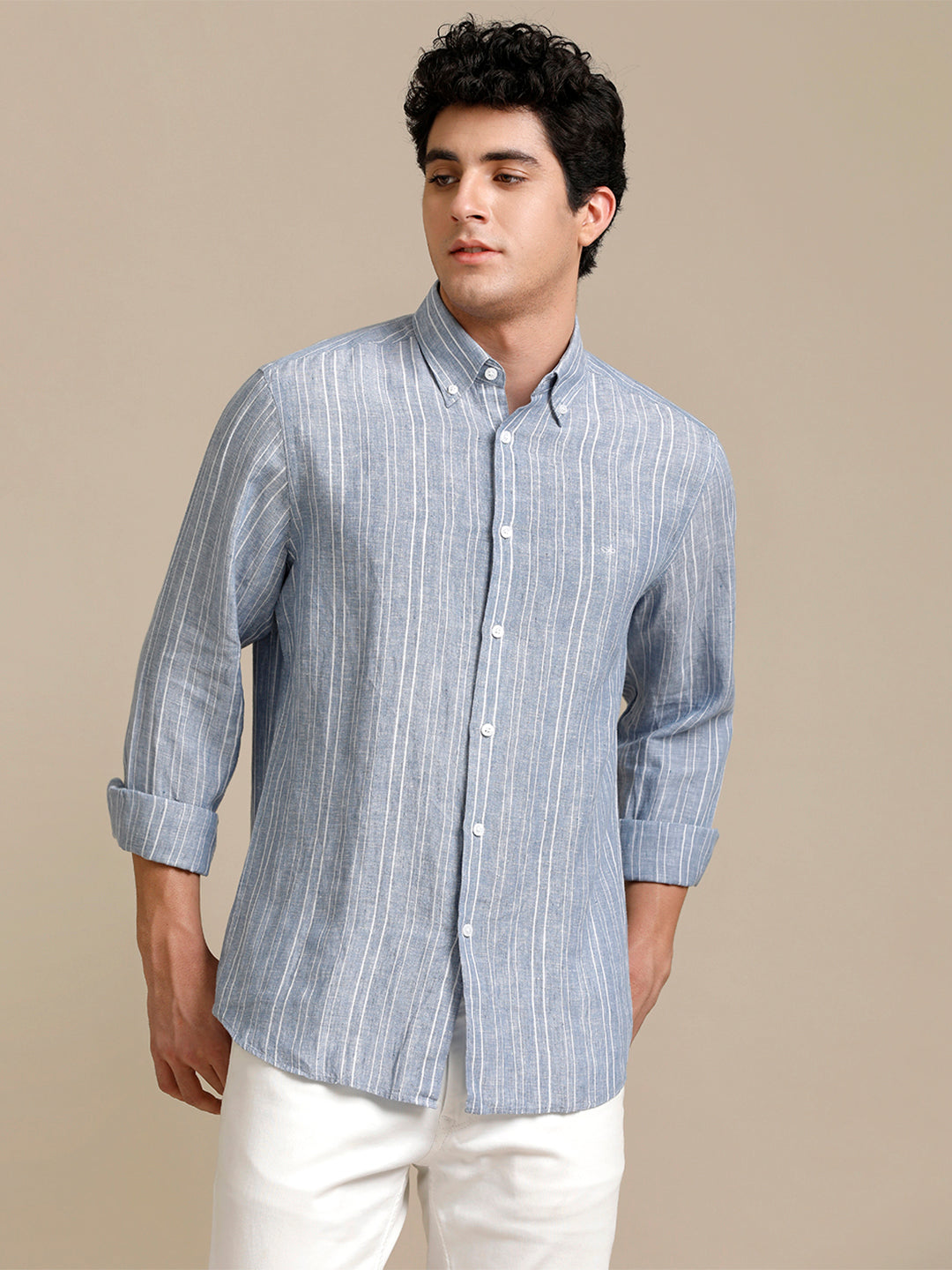 Mens Regular Fit Blue/White Stripe Casual Linen Shirt (LABUL)