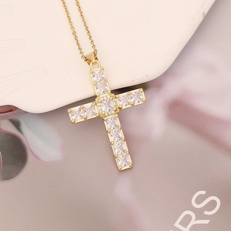 Stainless Steel Copper 18K Gold Plated Fashion Inlay Cross Zircon Pendant Necklace