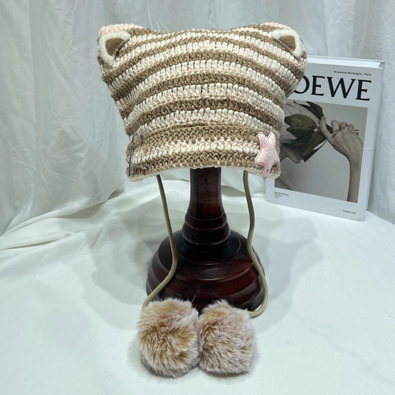 Japanese Style Cute Little Devil Cat Ear Fur Ball Wool Hat Women's Autumn And Winter Warm Small Face Ear Protection Knitted Hat