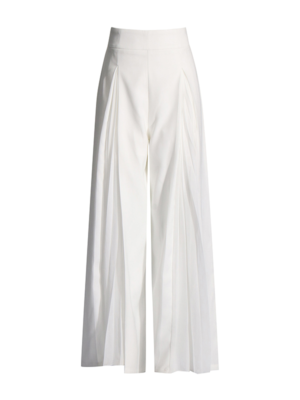 Long Sleeves Buttoned Solid Color Split-Joint Round-Neck Blazers Top + Zipper Wide Leg Mesh Pleated Pants Bottom Two Pieces Set