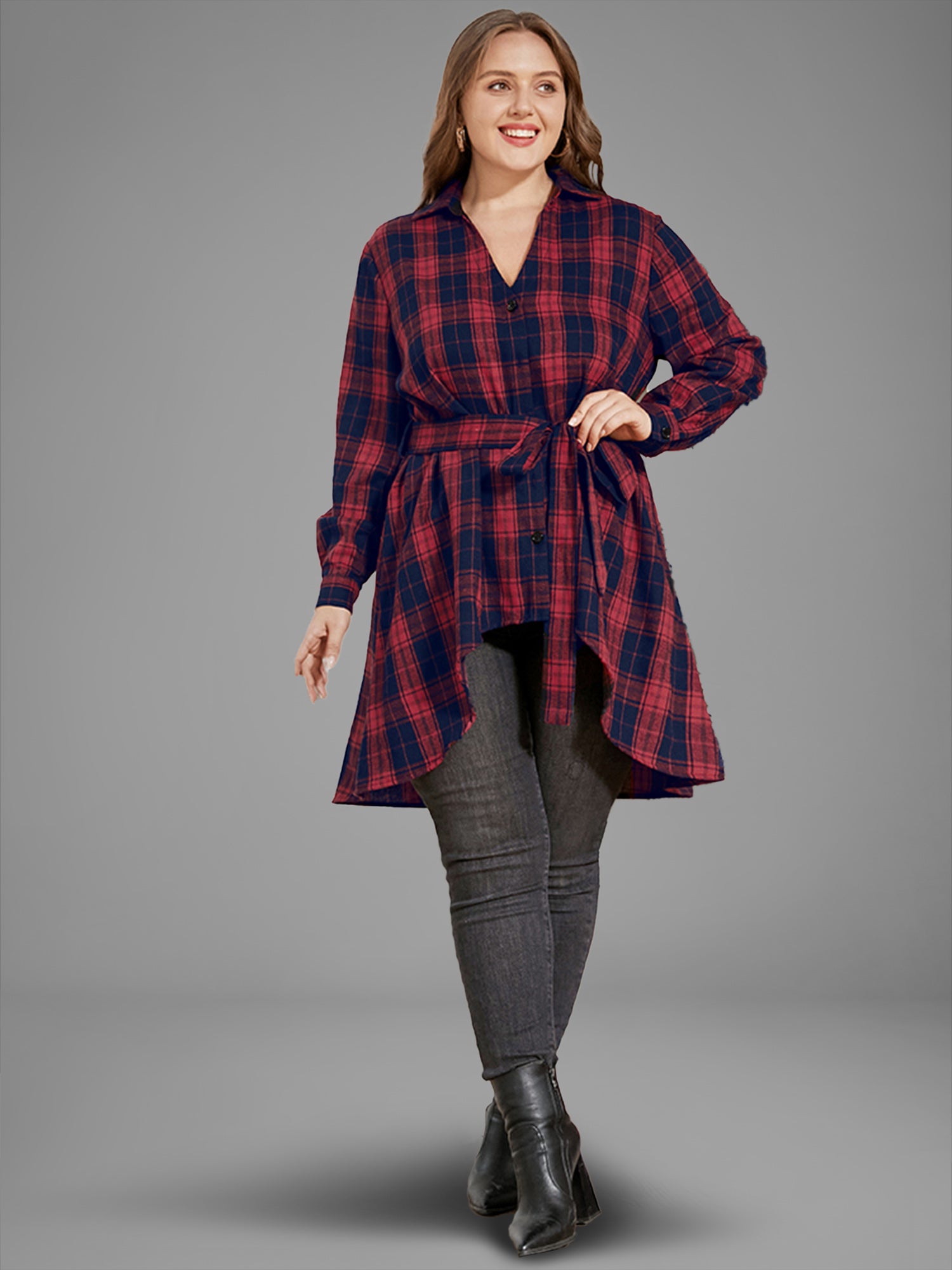 Plaid Button Up Asymmetrical Hem Belted Blouse