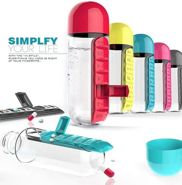 GENERIC 600ML PORTABLE WATER BOTTLE WITH PILL BOX ORGANIZER