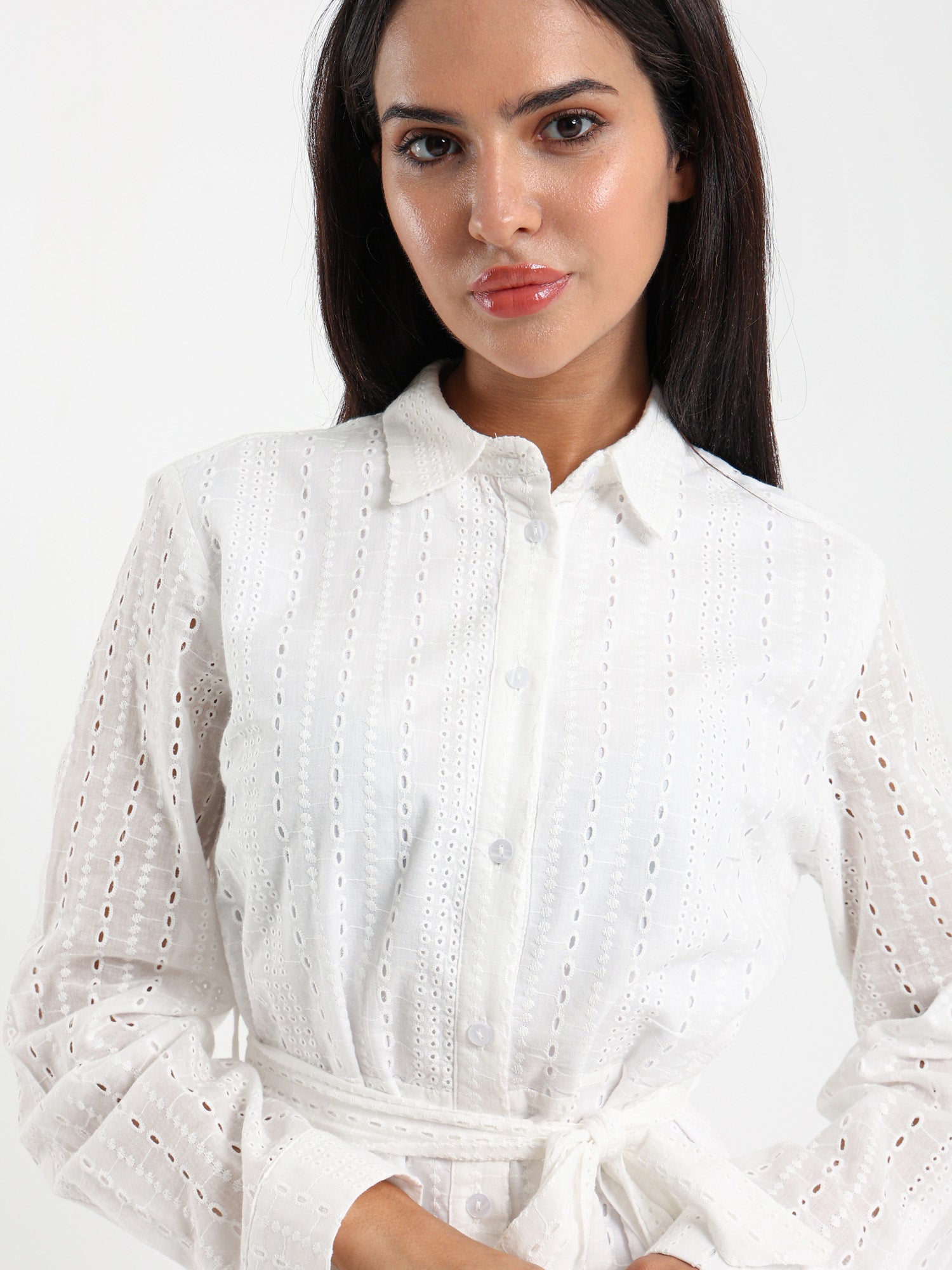 Button-Front Midi Broderie Dress