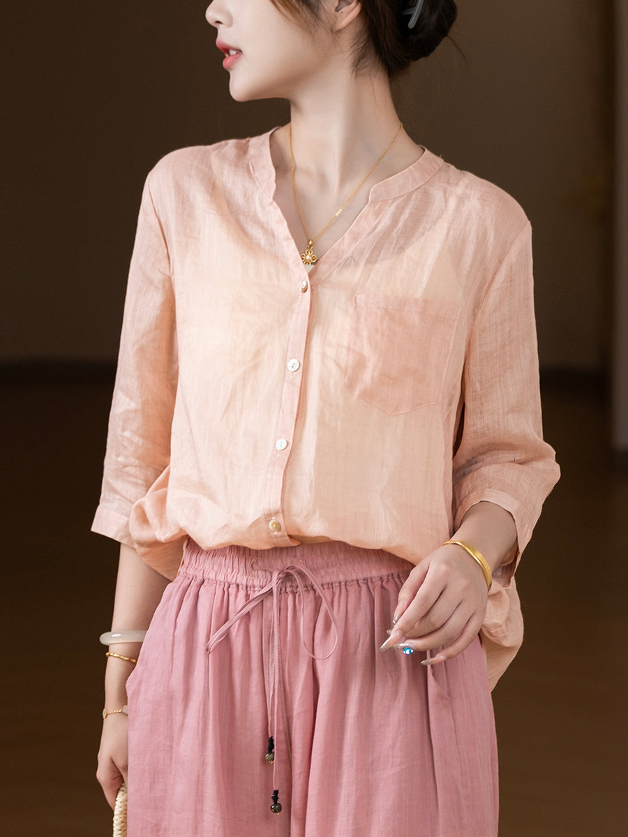 Women Summer Vintage Pure Color V-Neck 100%Ramie Shirt