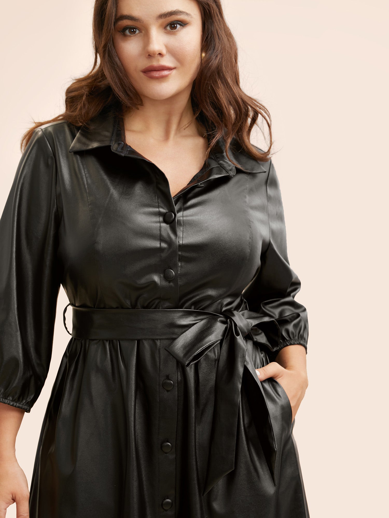 Shirt Collar PU Leather Belted Dress