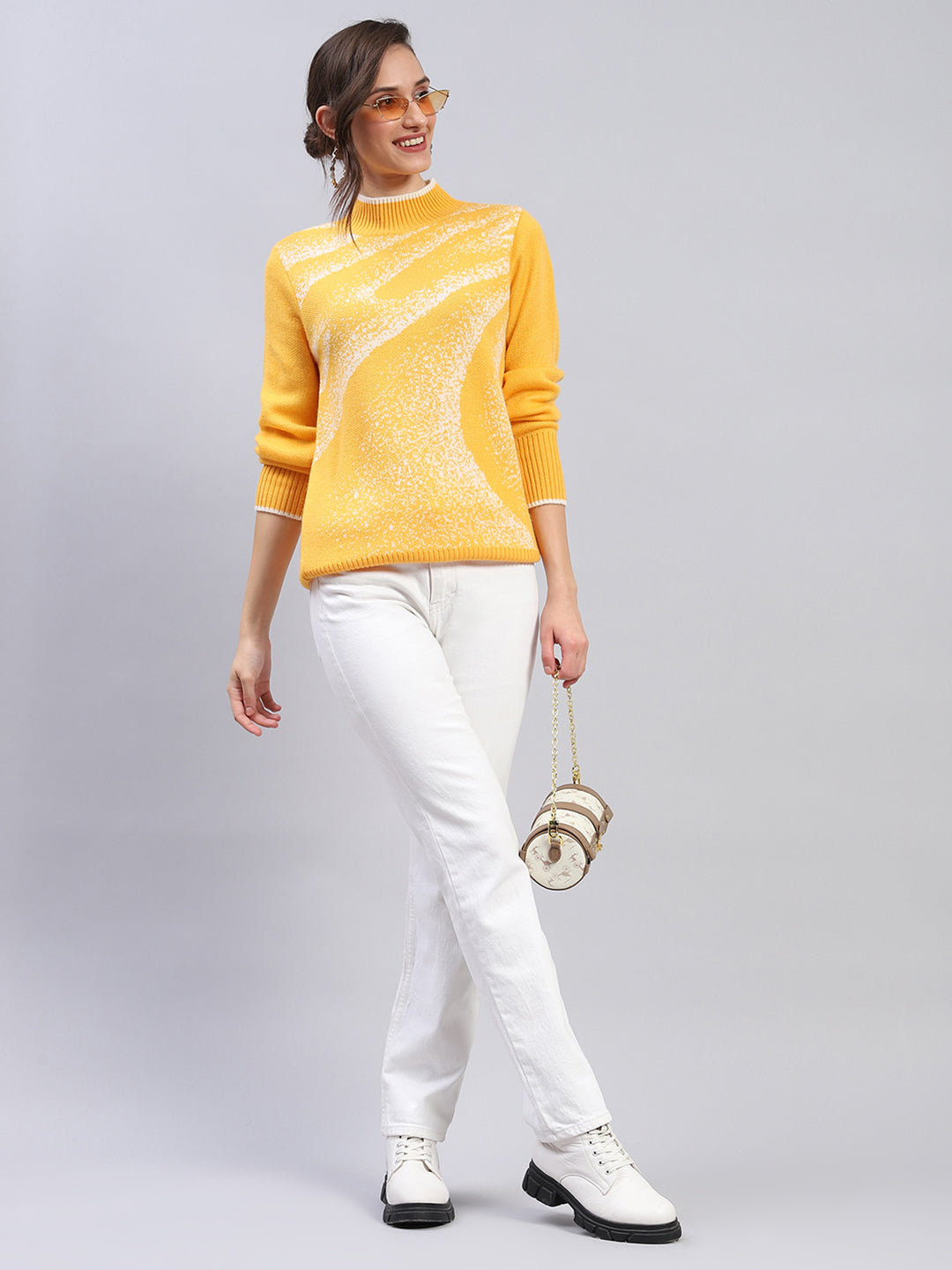 Women Yellow Self Design Band Collar Full Sleeve Winter Tops