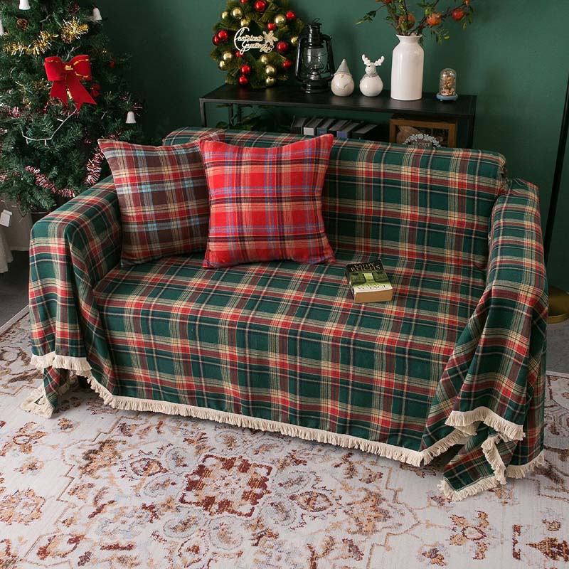 Vintage Christmas Style Plaid Blanket Full Wrap Couch Cover