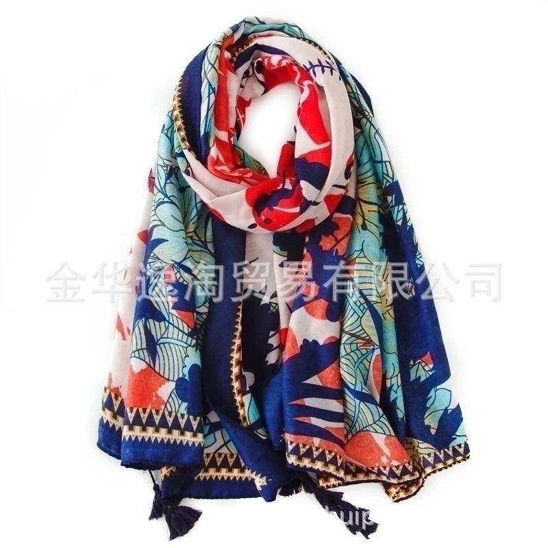 Sun Shawl Women Summer National Style Cotton And Linen Silk Scarf Printing Tassel Tulle Travel Beach Towel Sunshade Scarf