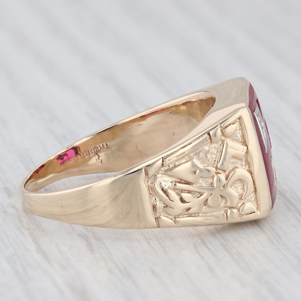 Masonic Nugget Signet Diamond Synthetic Ruby 10K Yellow Gold Ring Size 12