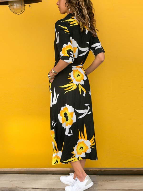 Printed V-neck Belt Dress