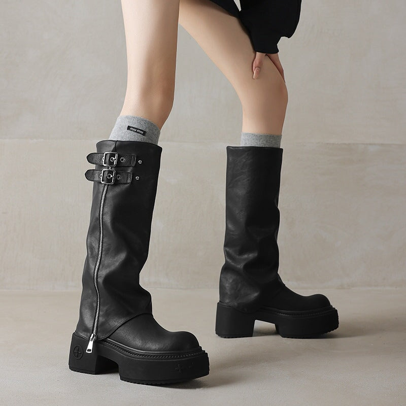 Women's Round Toe Folded Leather High-Calf Boots With Double Buckle in Black/Dark Brown