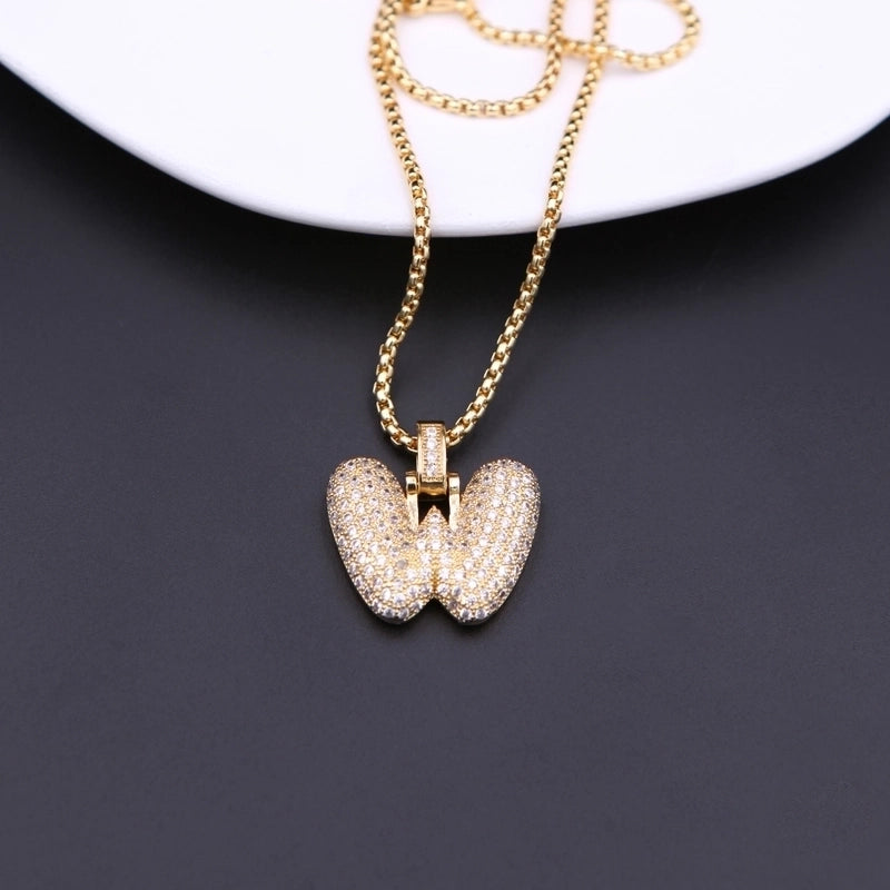 Copper Minimalist Shiny Plating Hollow Out Inlay Letter Zircon Pendant Necklace