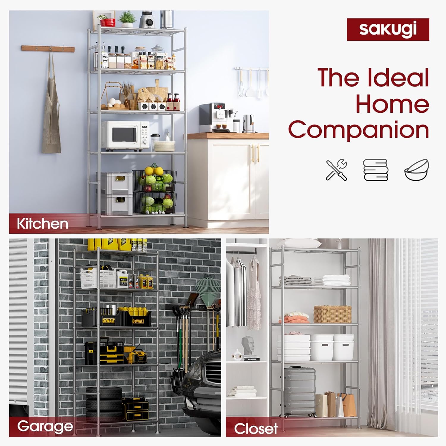 Storage Shelves - 5 Tier Shelf Organizer, Heavy Duty Garage Shelving Unit with Leveling Feet, Stable Metal Shelves Organizer for Pantry, Kitchen and Closet, 33.0