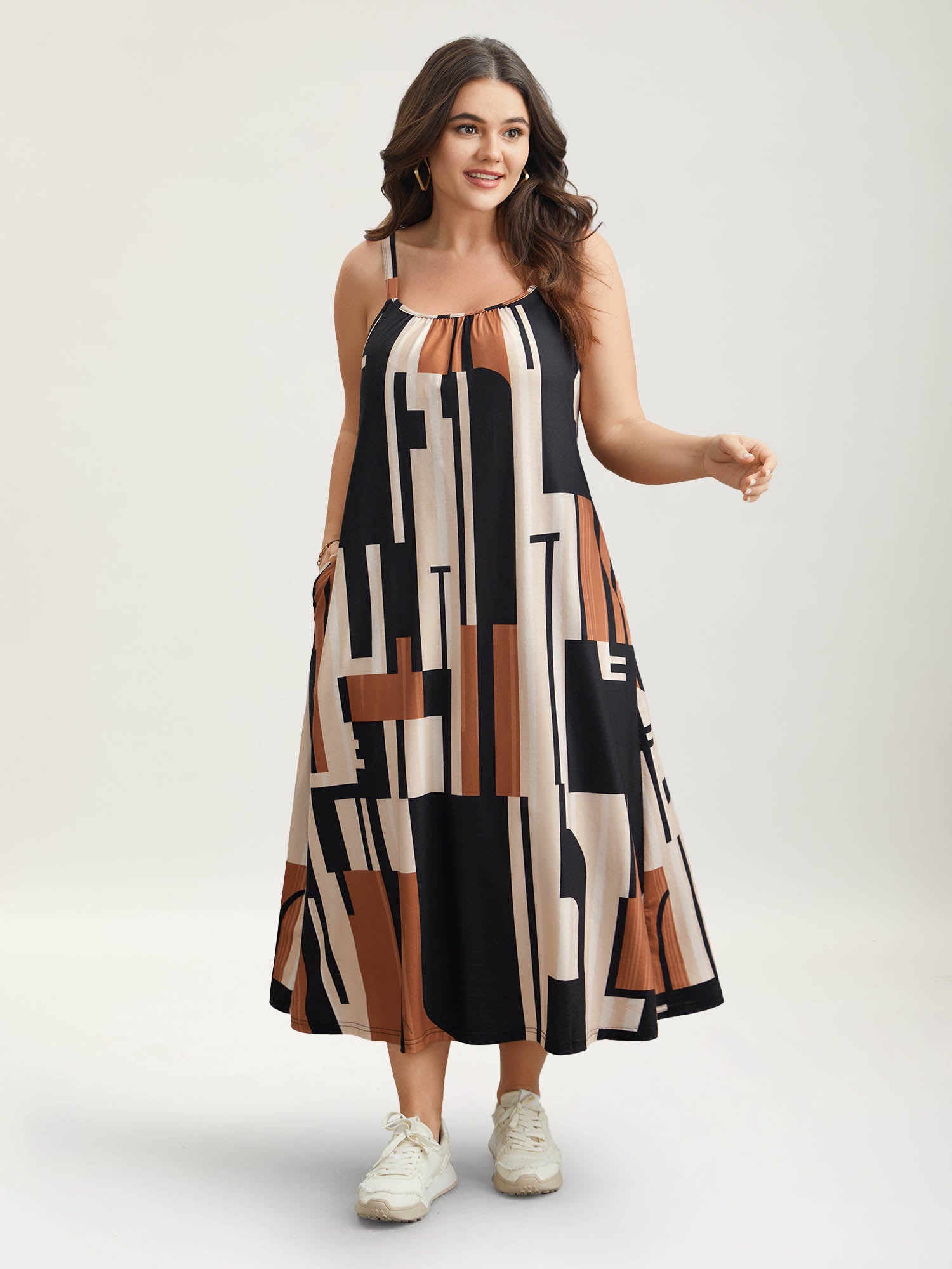 Abstract Print Pockets Cami Midi Dress