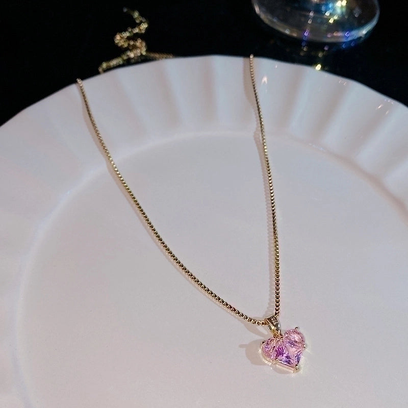 Sweet Heart Shape Crown Bow Knot Titanium Steel Copper Inlay Zircon Pendant Necklace