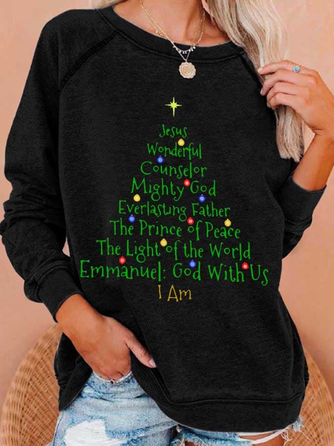 Women's Christmas Tree Jesus God Is With Us Print Casual Sweatshirt