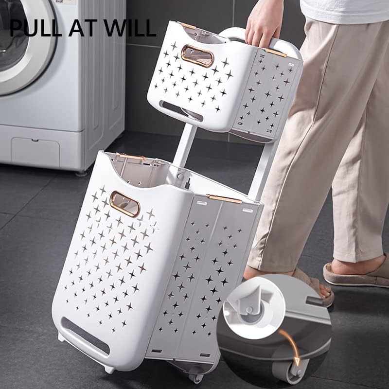 Laundry Baskets on Wheels. Laundry Trolley. Laundry Collector with 2 Layers. 2 Storage Baskets. Laundry Sorter for Bedroom
