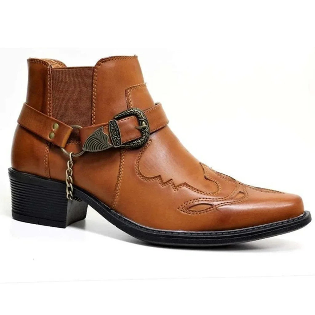 Men's Vintage Leather Cowboy Boots – Ankle Strap, Buckle, Motorcycle Style