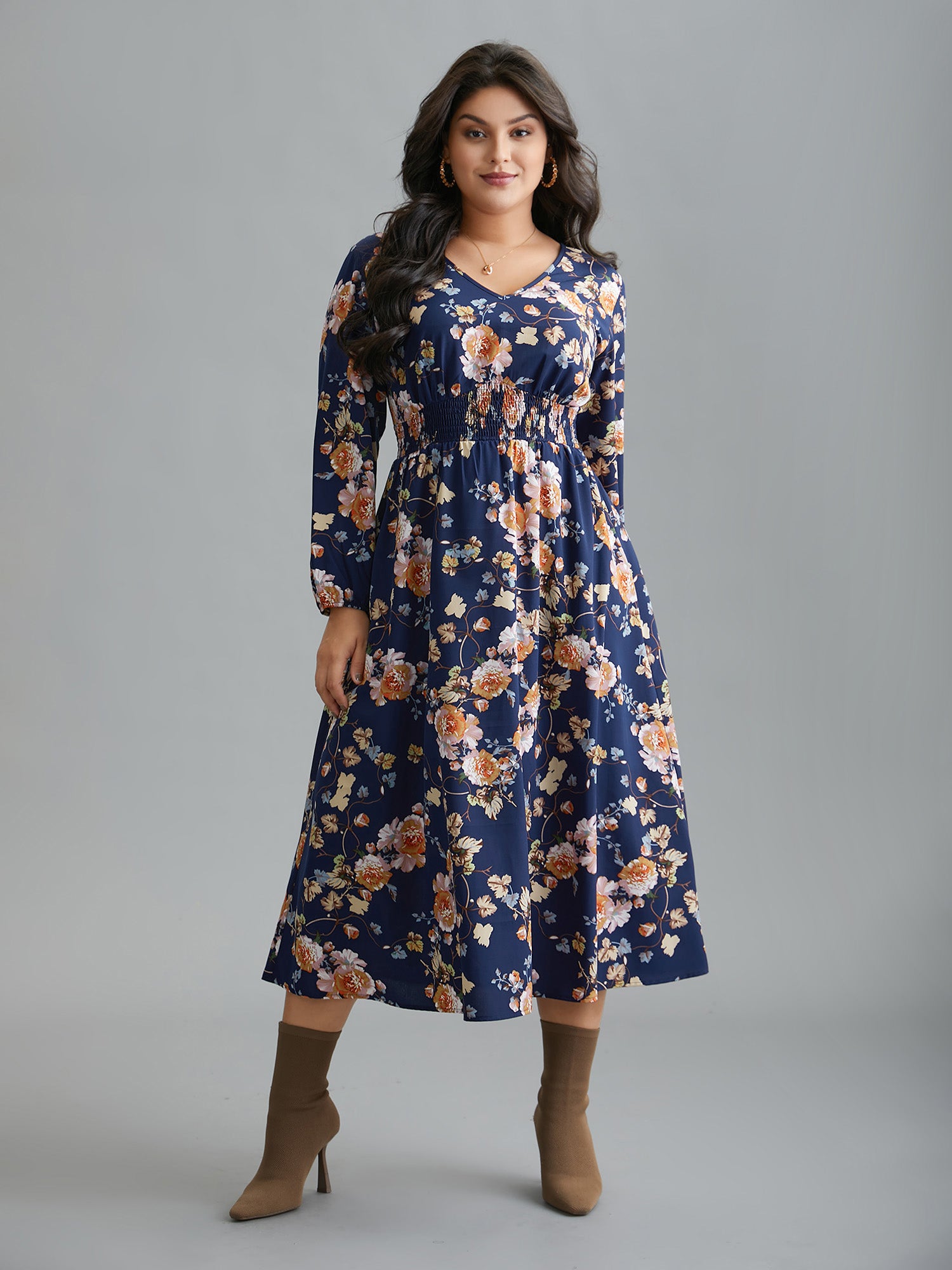 Floral Shirred V-Neck Maxi Dress