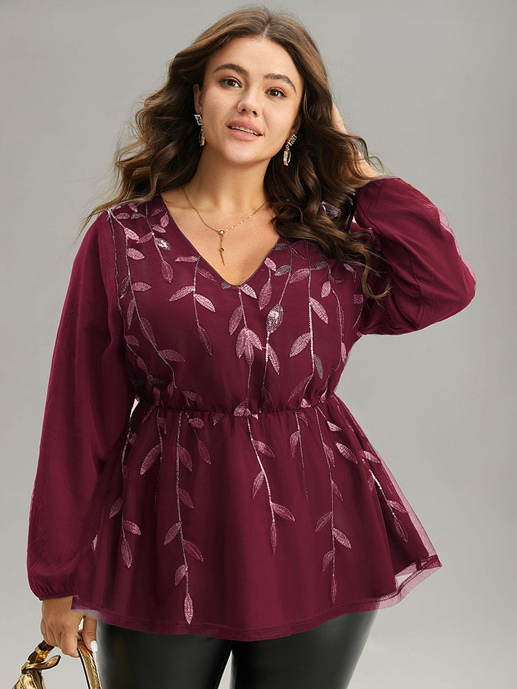 Leaves Embroidered Sequin Tiered Mesh Blouse
