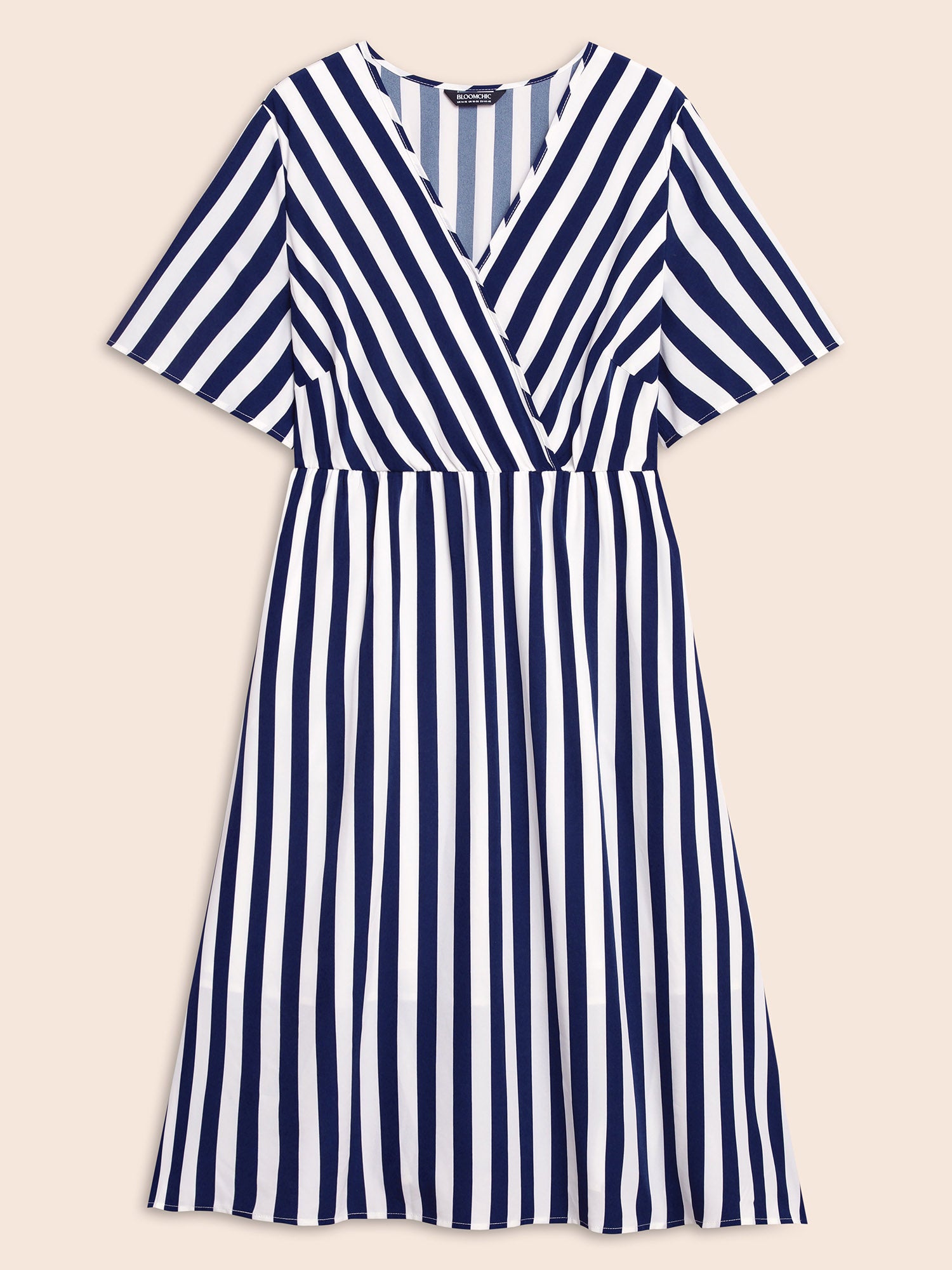 Striped Overlap Collar Ruffle Sleeve Midi Dress