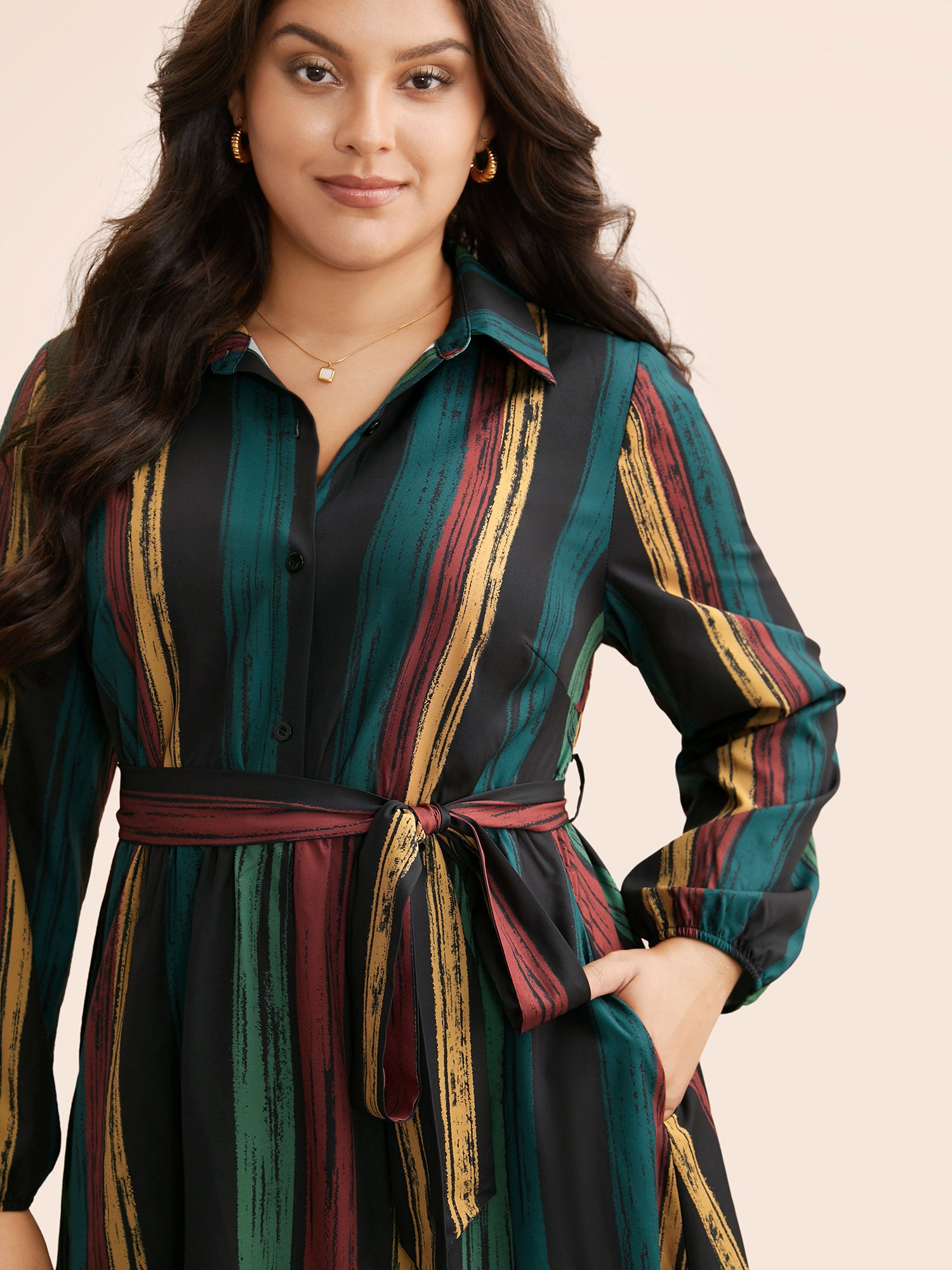 Colored Striped Belted Lantern Sleeve Dress