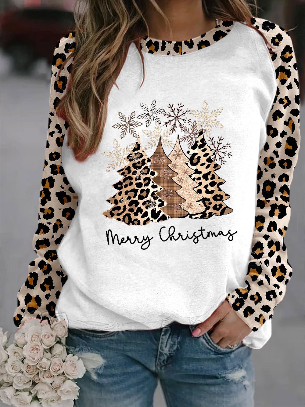 Women's Merry And Light Leopard Christmas Tree Print Sweatshirt