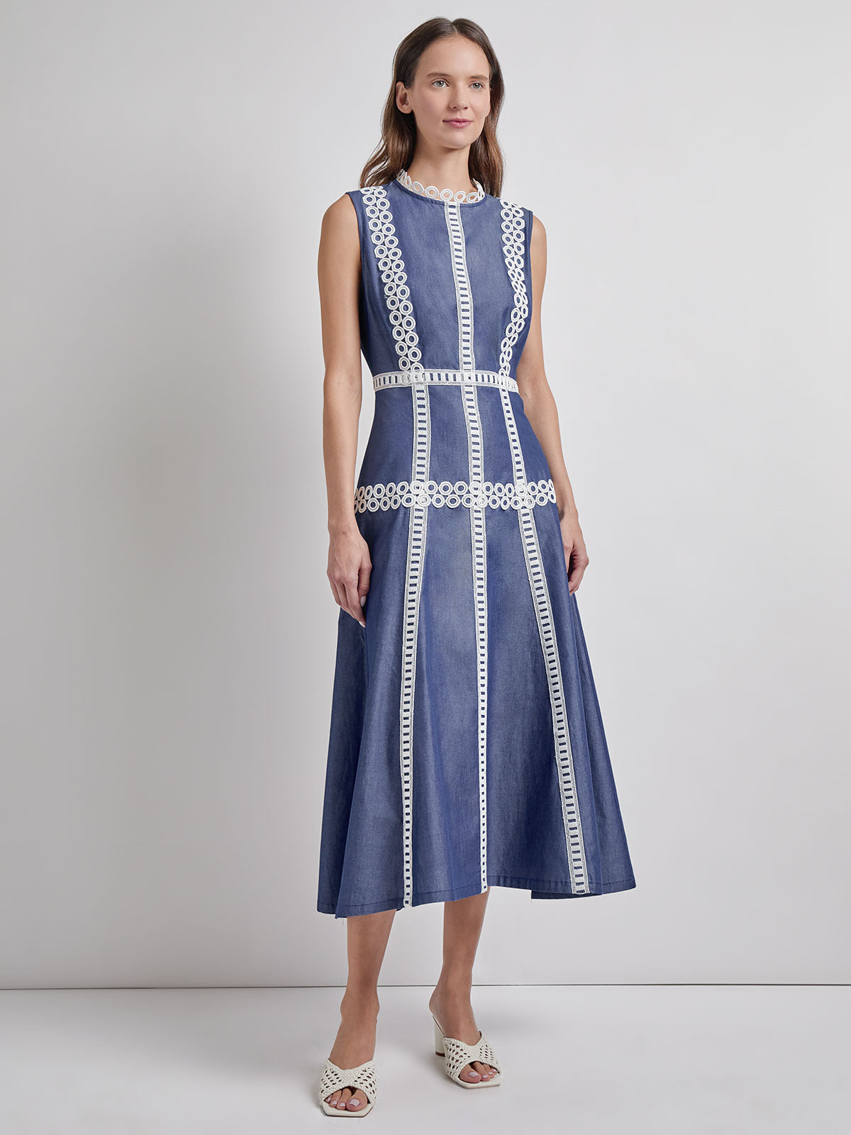 Modern Fit & Flare Cotton Eyelet Trim Maxi Dress