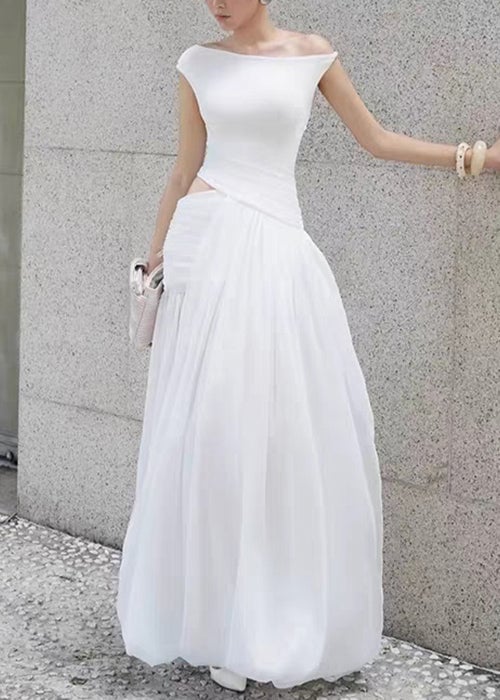 Chic White Asymmetrical Wrinkled Side Open Cotton Dress Summer