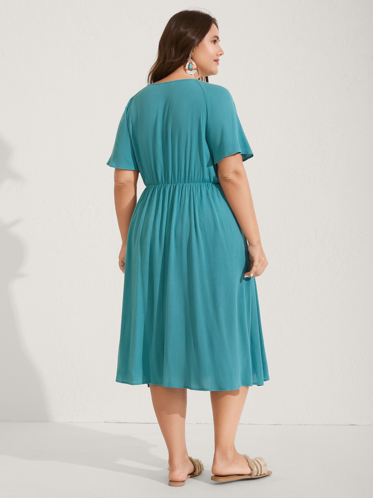Lace Neck Flared Sleeve Midi Dress
